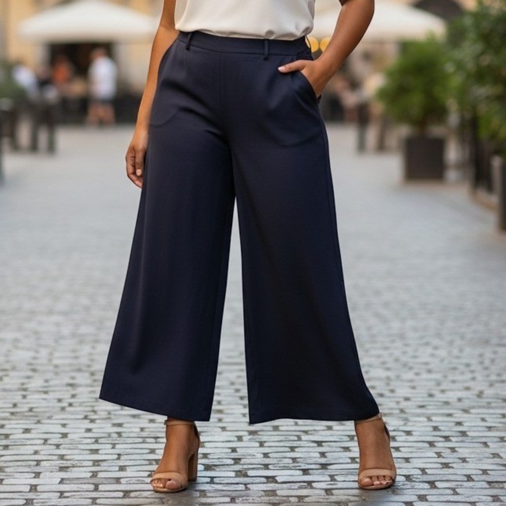 Jules & Leopold Wide Leg Crop Pants L Navy Blue Good Stretch Ponte Knit